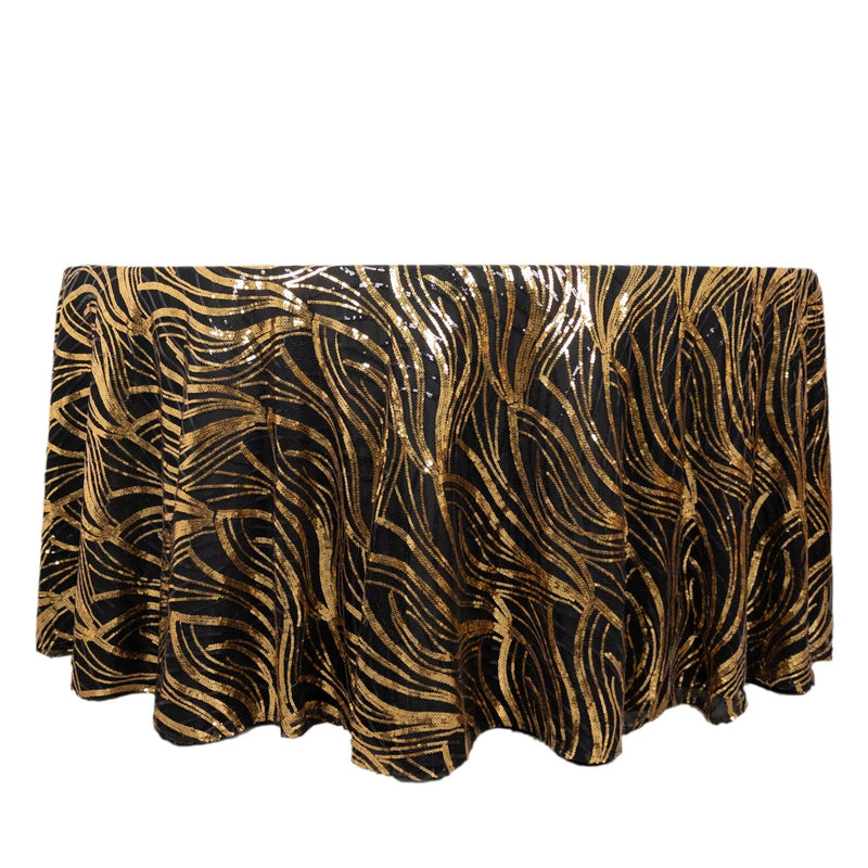 120" Mesh Round Tablecloth with Wavy Embroidered Sequins TAB_02_WAVE_120_BLKGD