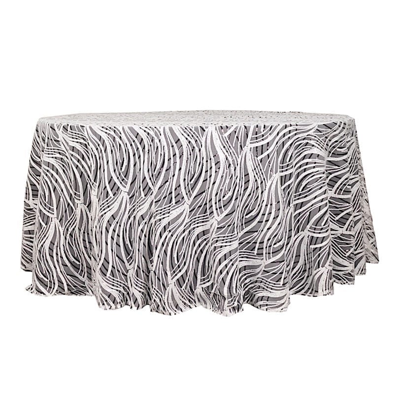 120" Mesh Round Tablecloth with Wavy Embroidered Sequins TAB_02_WAVE_120_WHBK