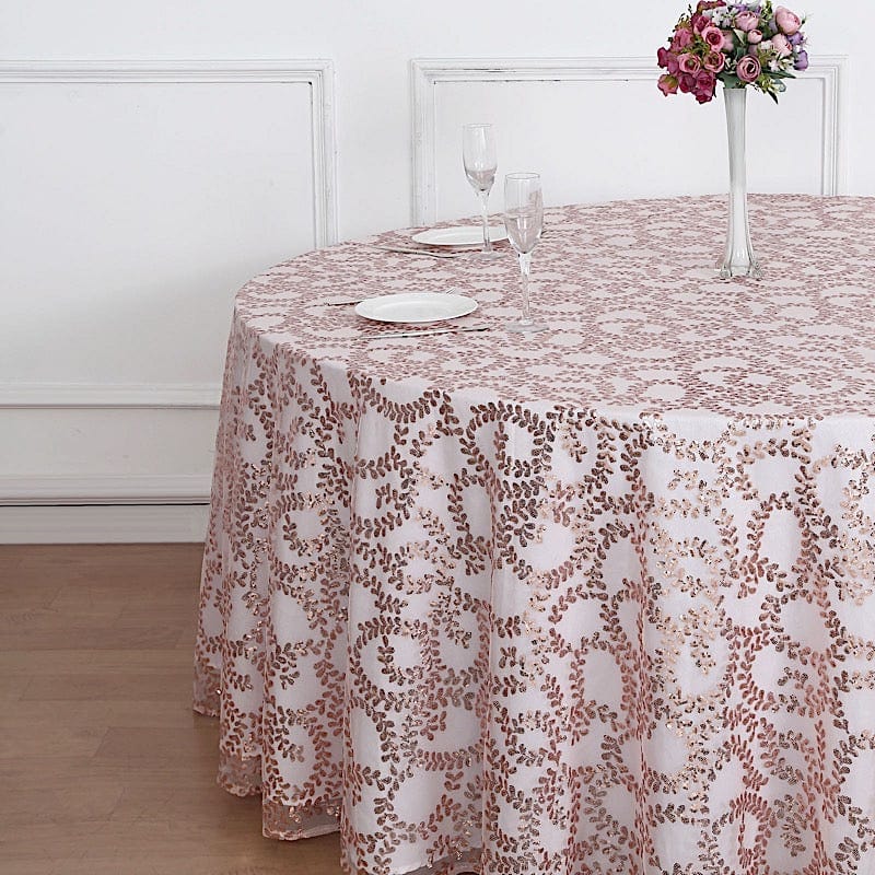 120" Sequin Leaf Embroidered Seamless Tulle Round Tablecloth