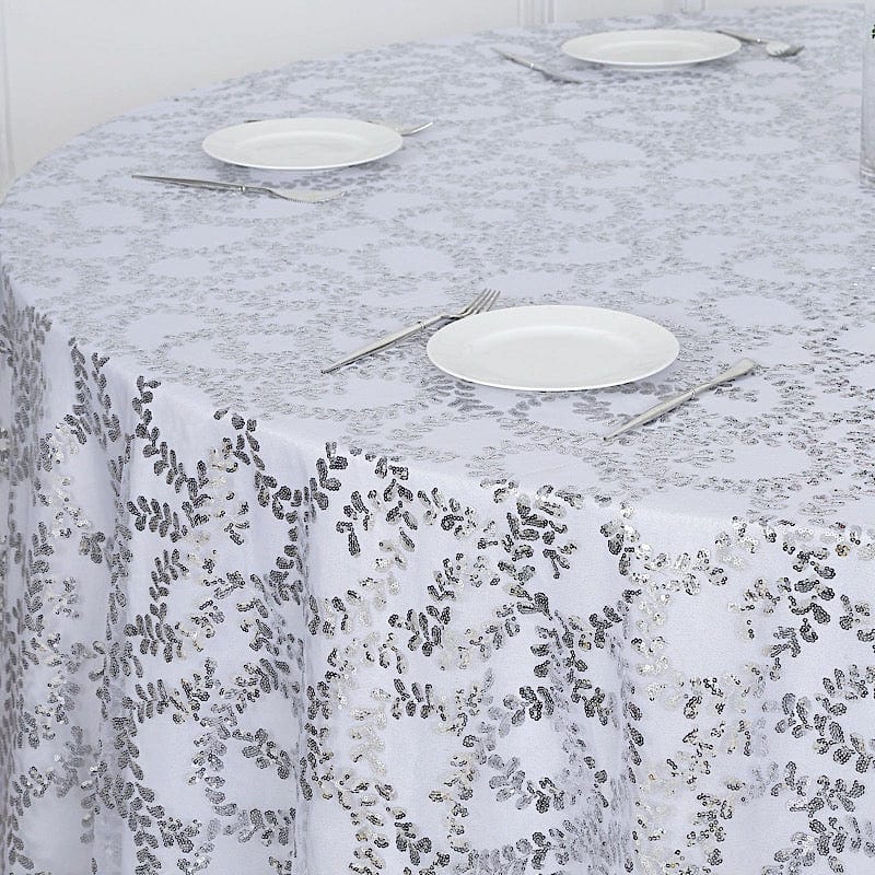 120" Sequin Leaf Embroidered Seamless Tulle Round Tablecloth