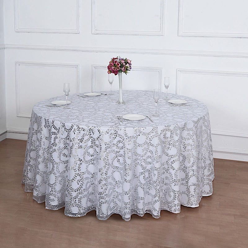 120" Sequin Leaf Embroidered Seamless Tulle Round Tablecloth