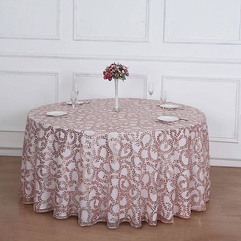 120" Sequin Leaf Embroidered Seamless Tulle Round Tablecloth