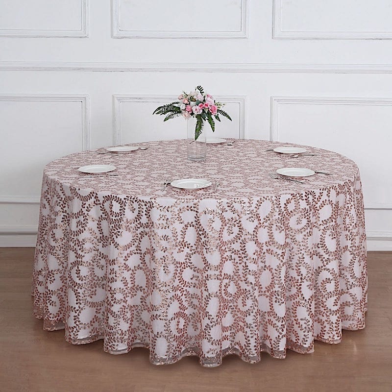 120" Sequin Leaf Embroidered Seamless Tulle Round Tablecloth