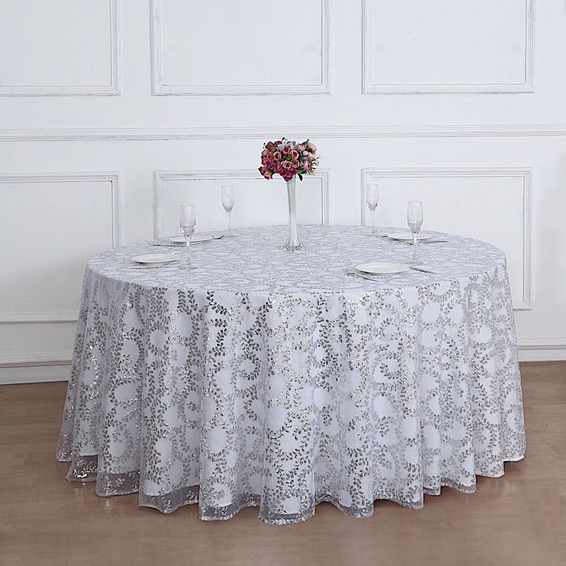 120" Sequin Leaf Embroidered Seamless Tulle Round Tablecloth