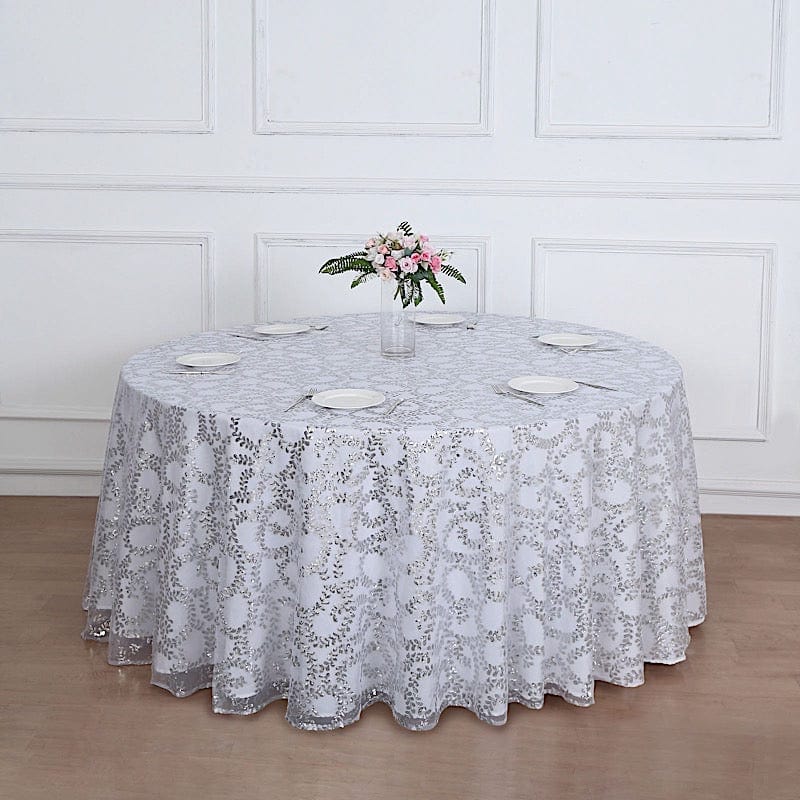 120" Sequin Leaf Embroidered Seamless Tulle Round Tablecloth