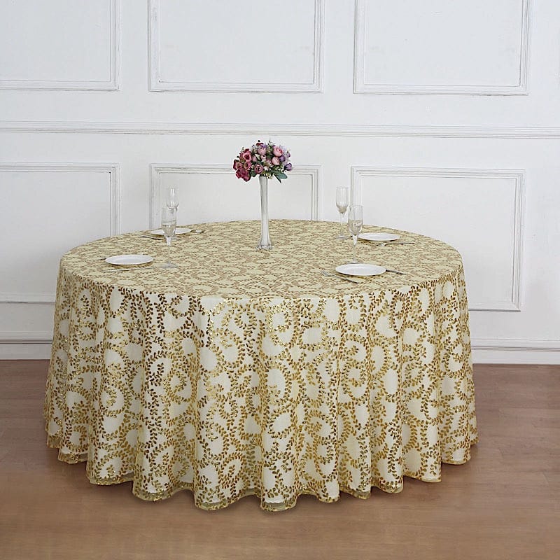 120" Sequin Leaf Embroidered Seamless Tulle Round Tablecloth