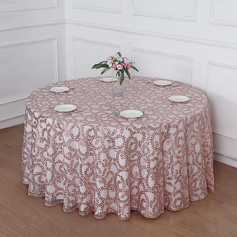 120" Sequin Leaf Embroidered Seamless Tulle Round Tablecloth