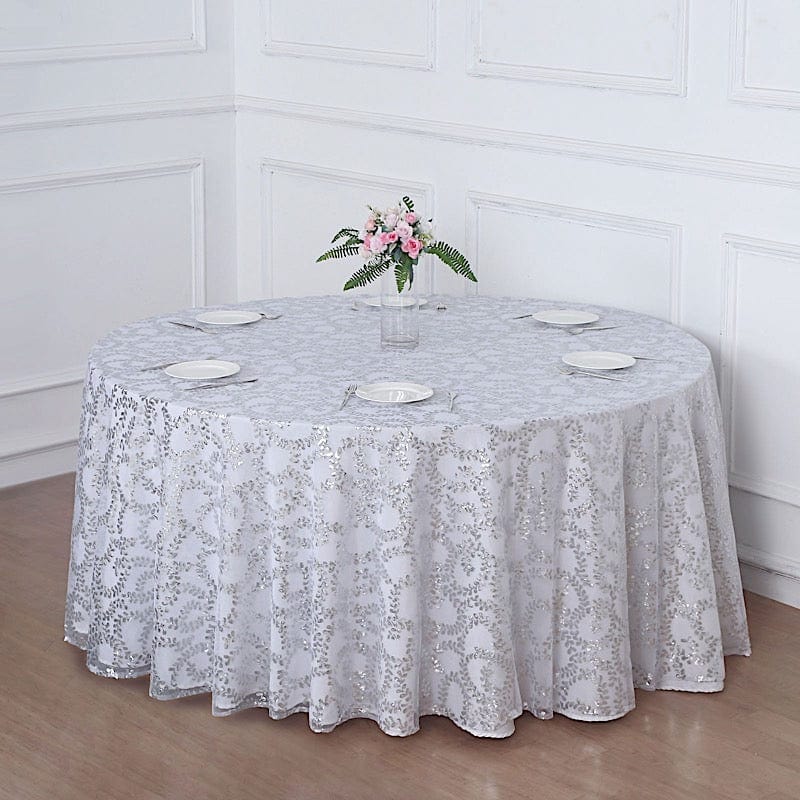120" Sequin Leaf Embroidered Seamless Tulle Round Tablecloth
