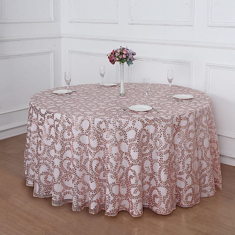 120" Sequin Leaf Embroidered Seamless Tulle Round Tablecloth
