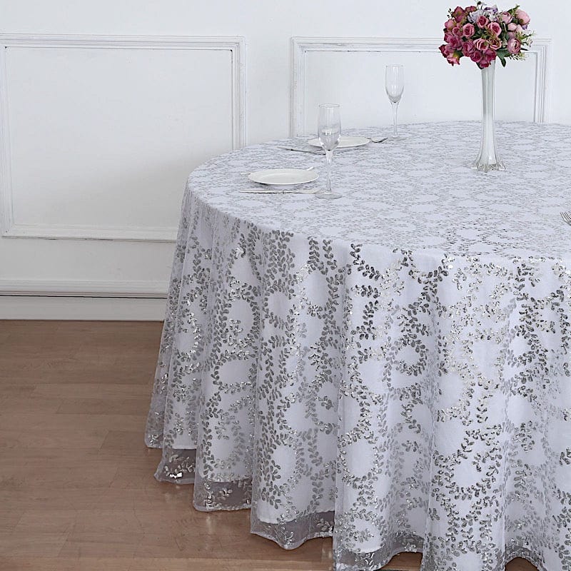120" Sequin Leaf Embroidered Seamless Tulle Round Tablecloth