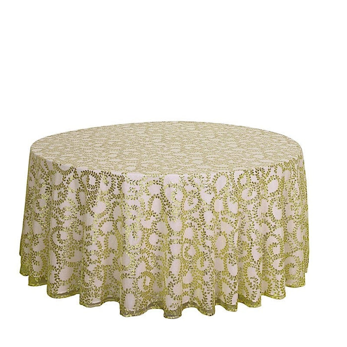 120" Sequin Leaf Embroidered Seamless Tulle Round Tablecloth TAB_02_FLOR_120_GOLD