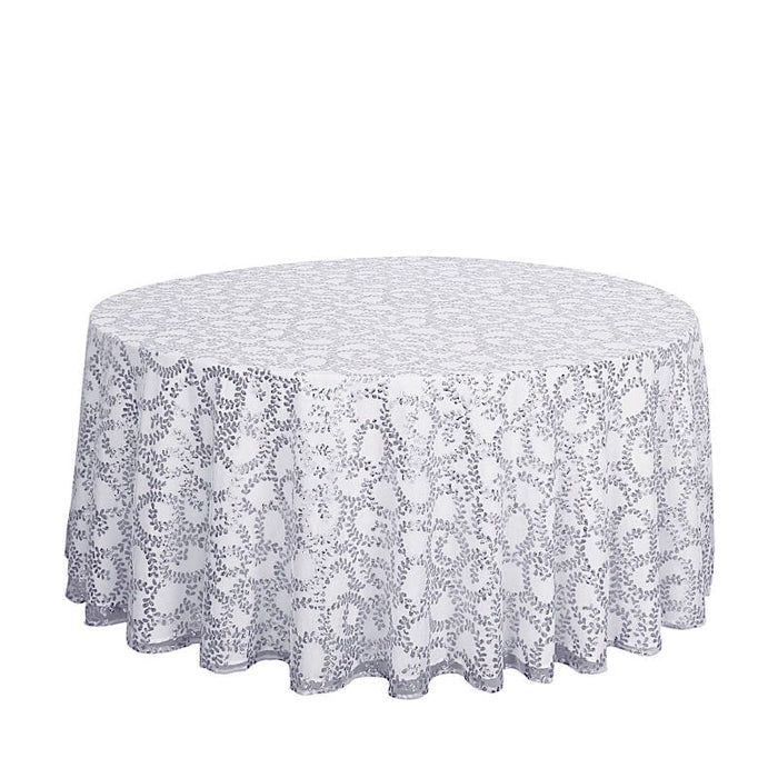 120" Sequin Leaf Embroidered Seamless Tulle Round Tablecloth TAB_02_FLOR_120_SILV