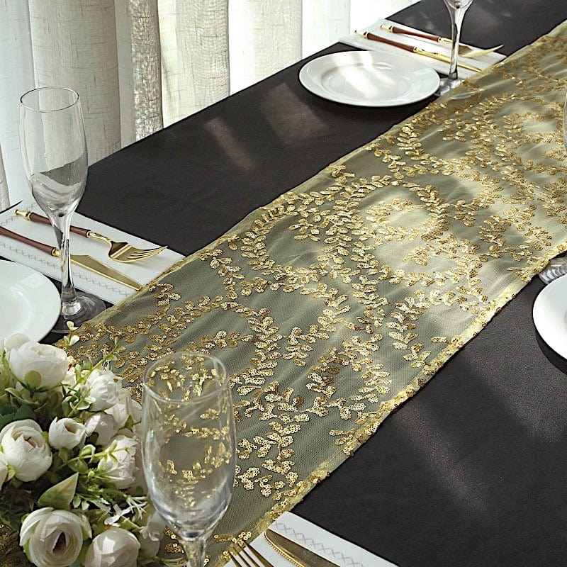 12x108" Leaf Vine Embroidered Sequin Table Runner