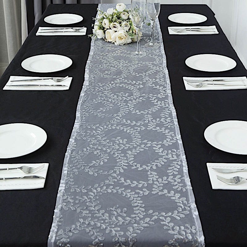 12x108" Leaf Vine Embroidered Sequin Table Runner RUN_02_FLOR_SILV