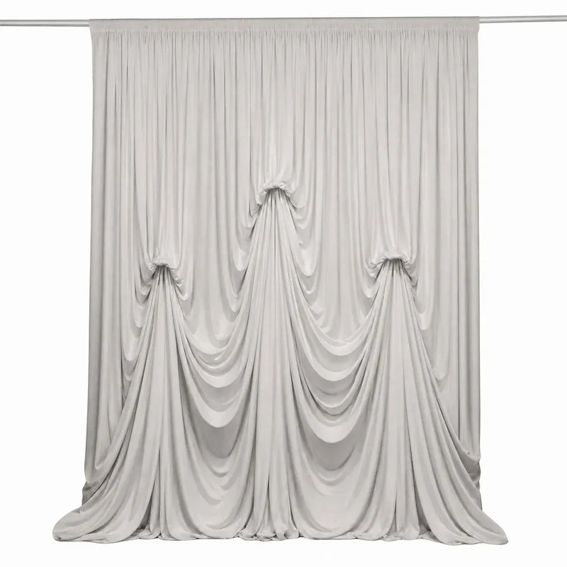 13 ft x 20 ft Pre-Sewn Spandex Backdrop Curtain with 3 Adjustable Ribbon Ties CUR_PANSPX_KNOT_2014_SILV