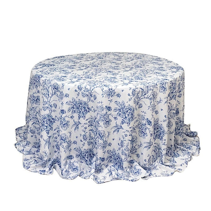 132" Polyester Round Tablecloth for Weddings and Events - French Toile Pattern TAB_PLY_FLORFT_136_BLUE