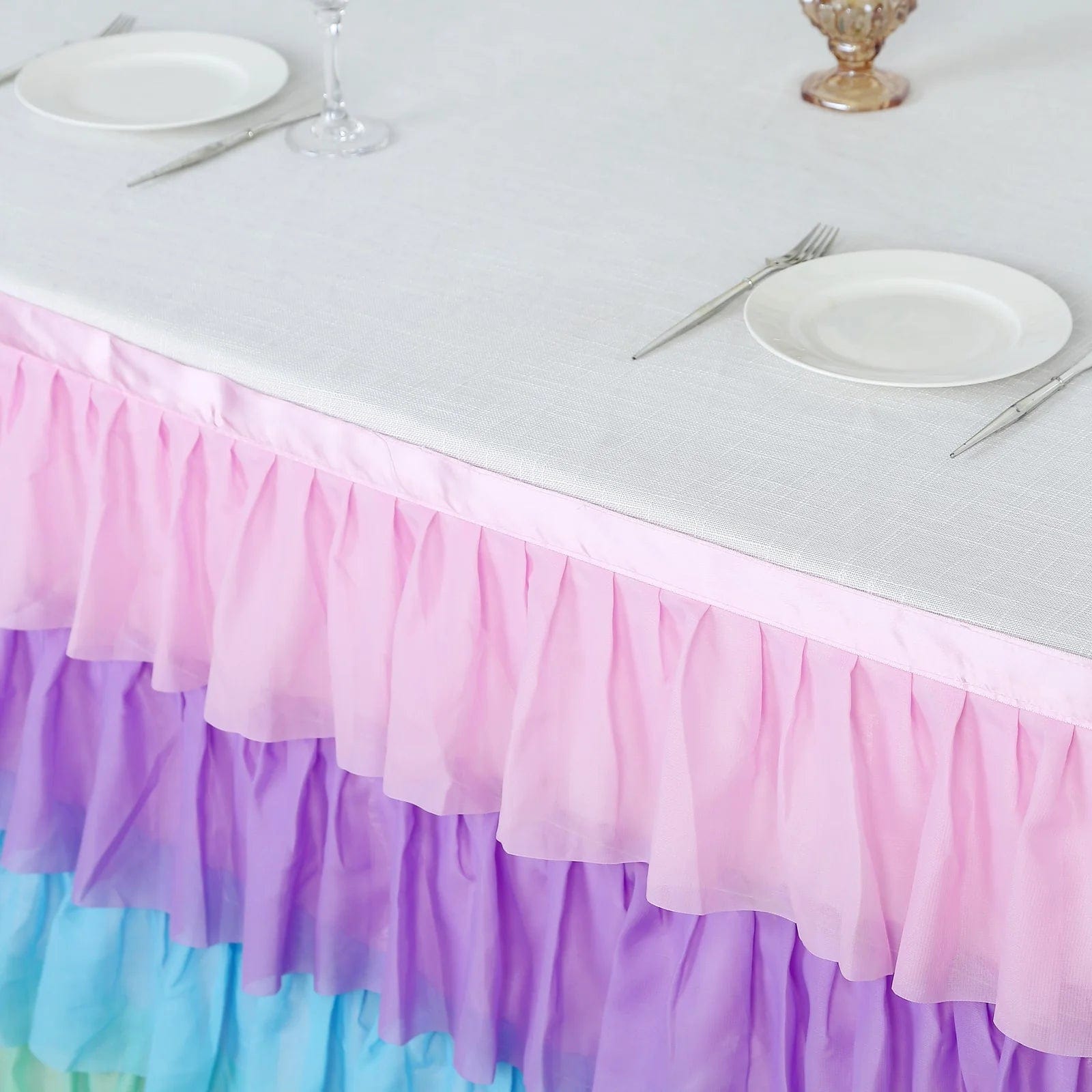 14 ft Chiffon 5 Tier Ruffled Tutu Table Skirt with Satin Backing