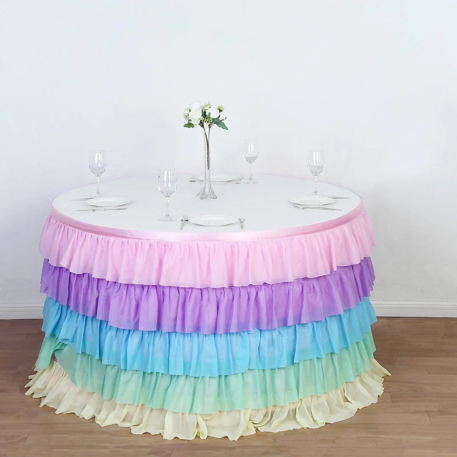 14 ft Chiffon 5 Tier Ruffled Tutu Table Skirt with Satin Backing