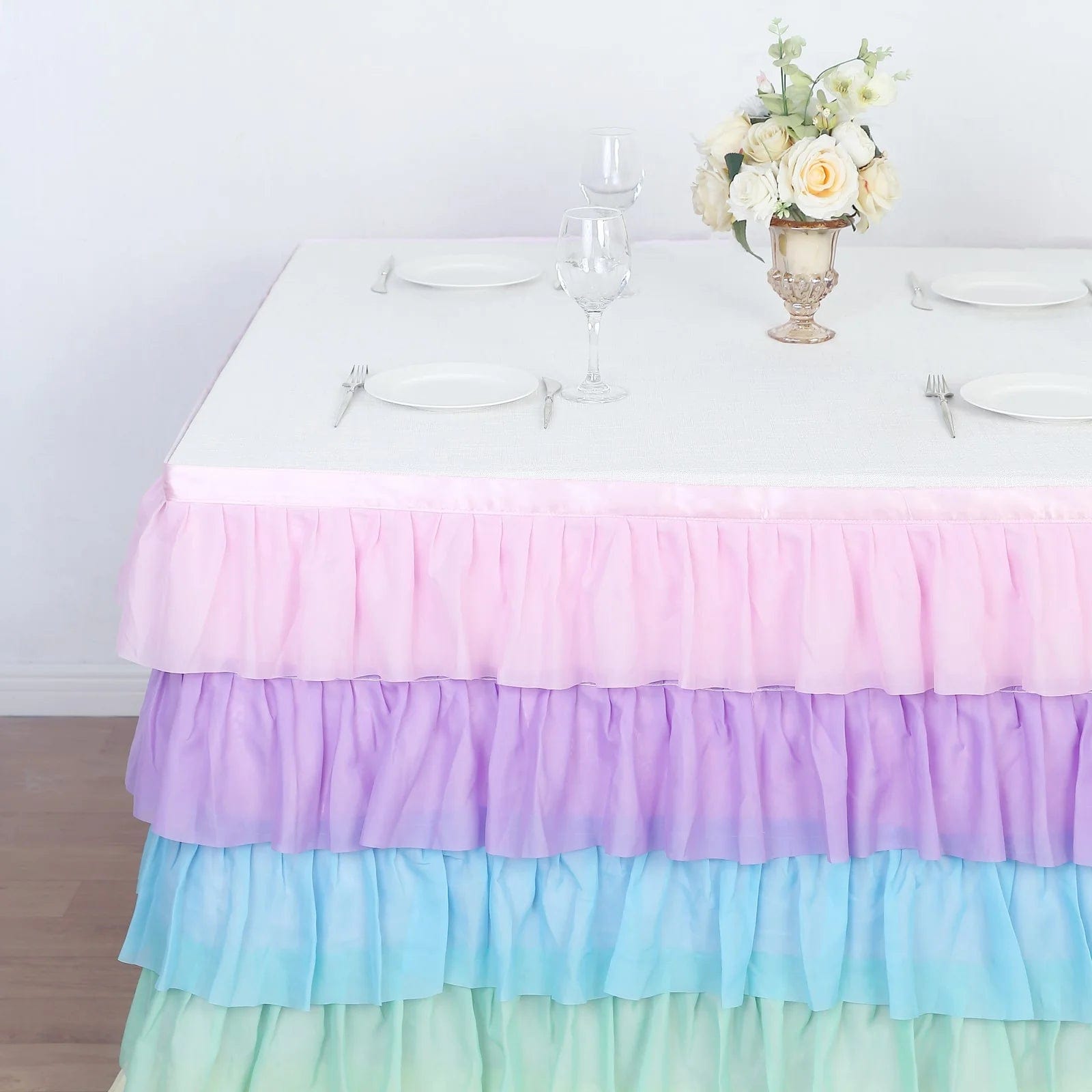 14 ft Chiffon 5 Tier Ruffled Tutu Table Skirt with Satin Backing