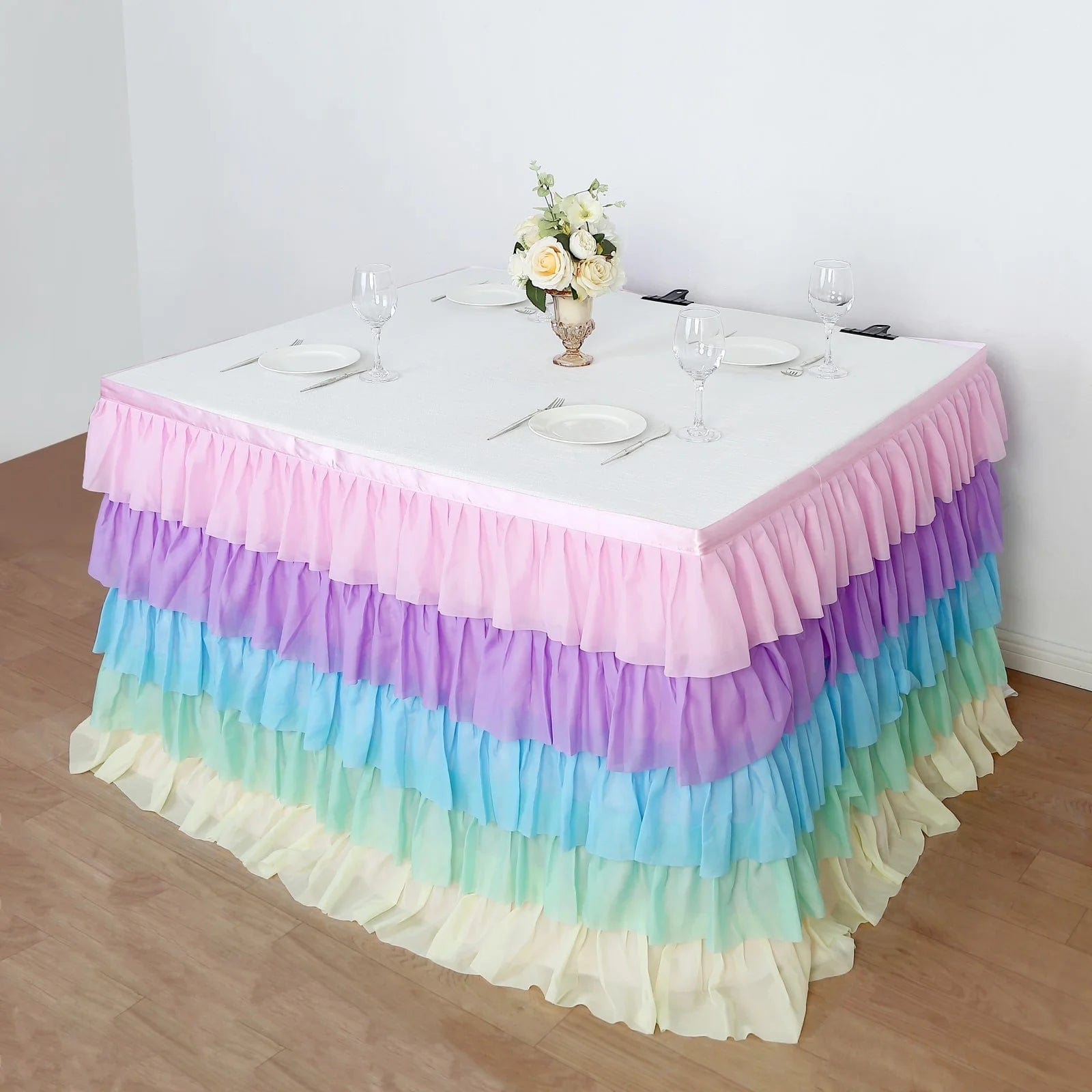 14 ft Chiffon 5 Tier Ruffled Tutu Table Skirt with Satin Backing