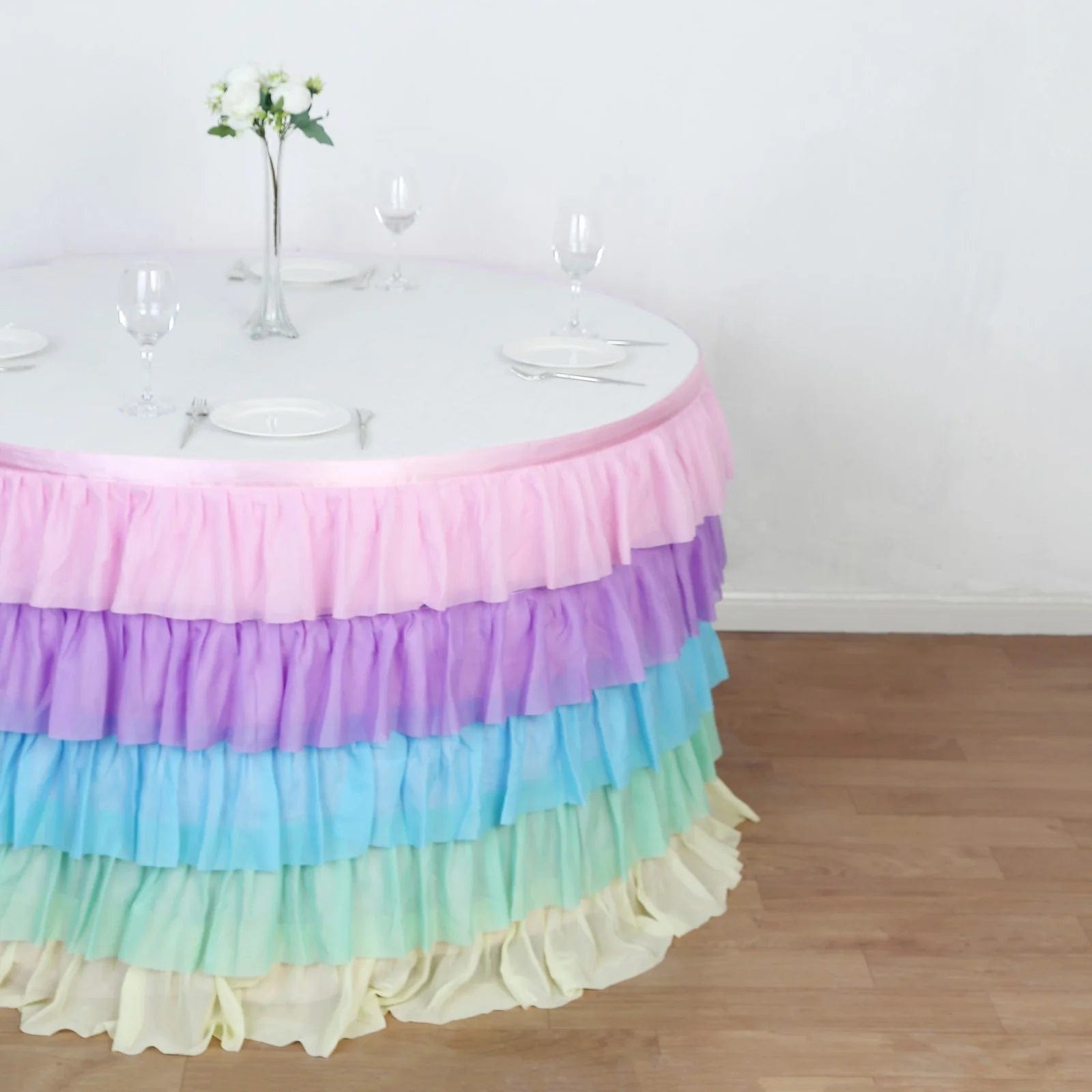 14 ft Chiffon 5 Tier Ruffled Tutu Table Skirt with Satin Backing