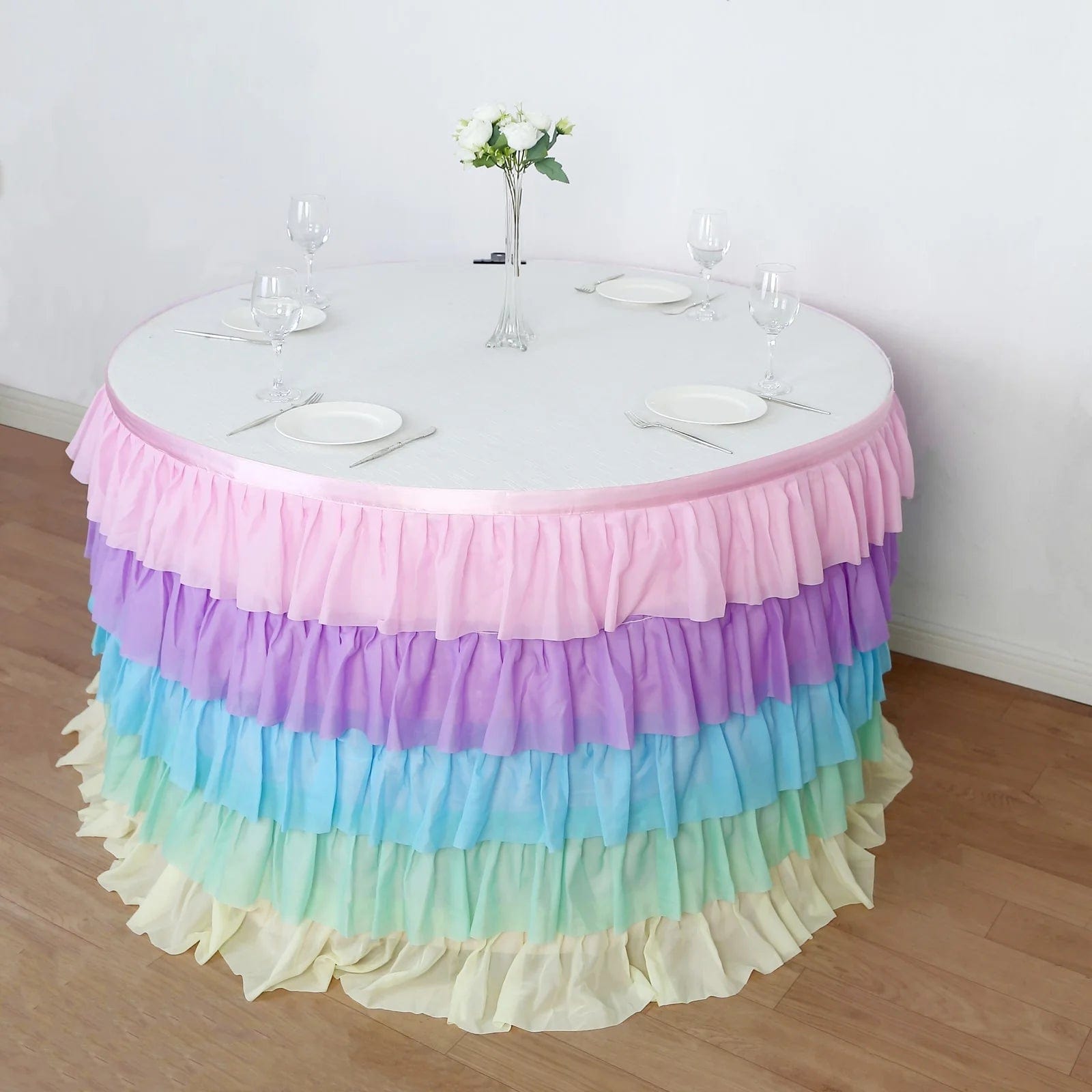 14 ft Chiffon 5 Tier Ruffled Tutu Table Skirt with Satin Backing