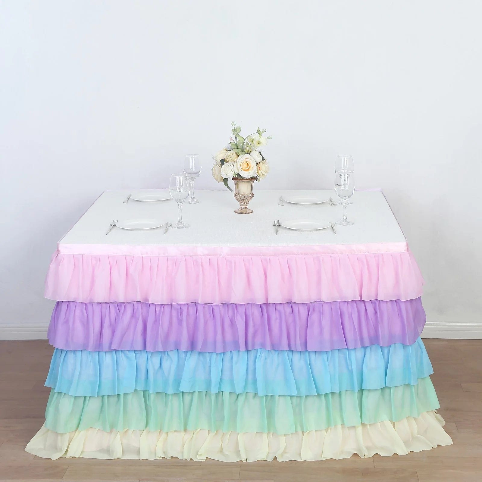 14 ft Chiffon 5 Tier Ruffled Tutu Table Skirt with Satin Backing