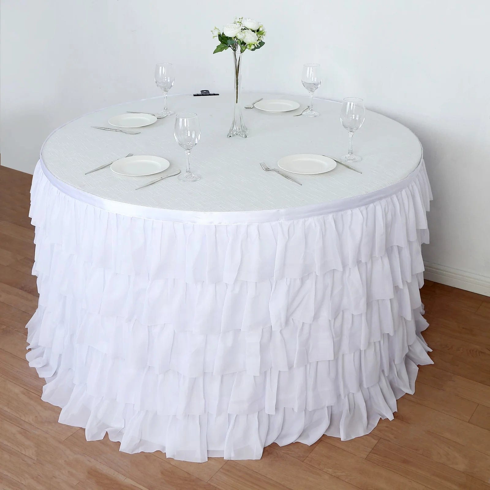 14 ft Chiffon 5 Tier Ruffled Tutu Table Skirt with Satin Backing