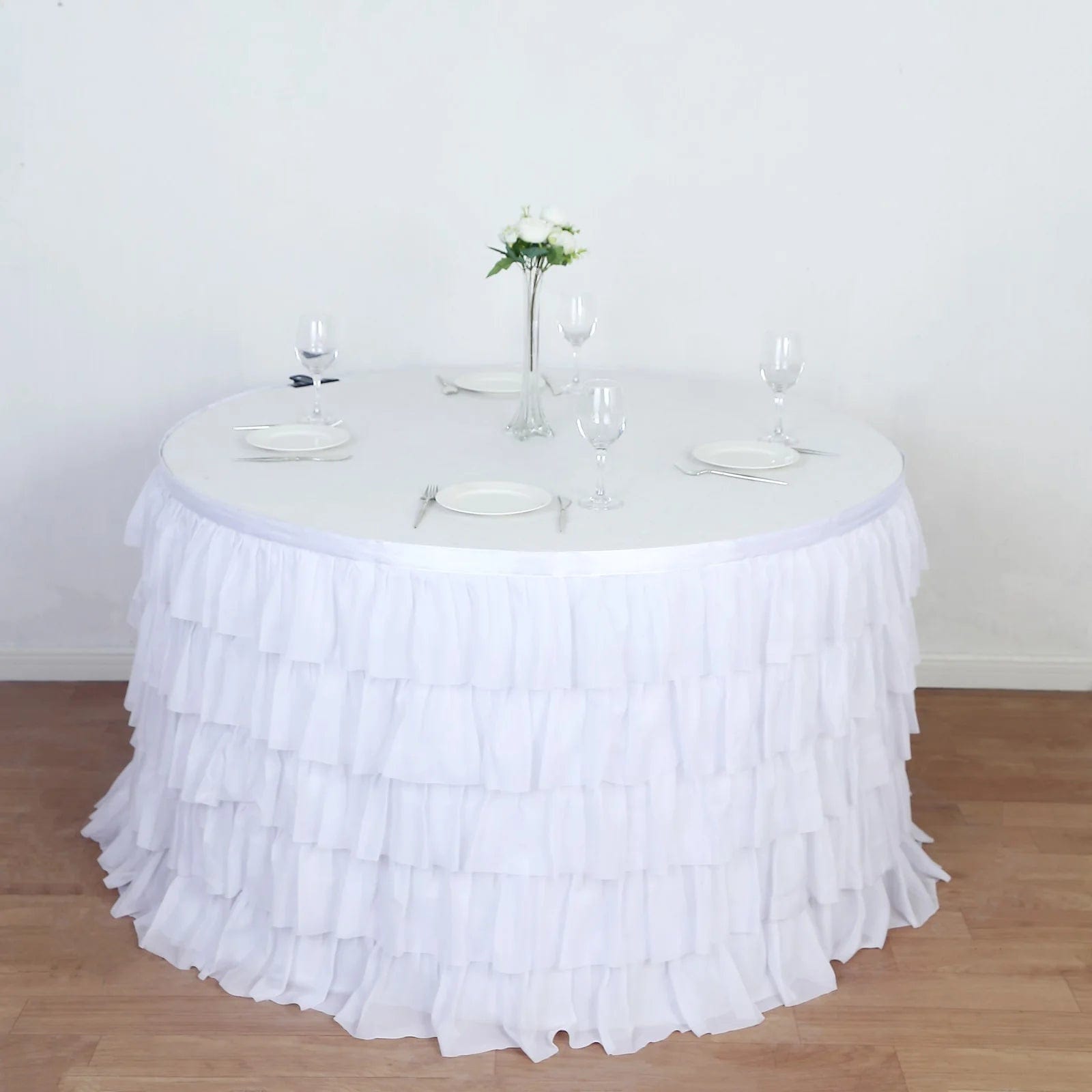 14 ft Chiffon 5 Tier Ruffled Tutu Table Skirt with Satin Backing