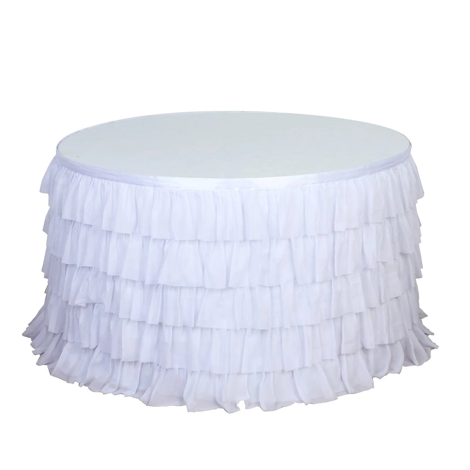 14 ft Chiffon 5 Tier Ruffled Tutu Table Skirt with Satin Backing SKT_CHIF01_WHT