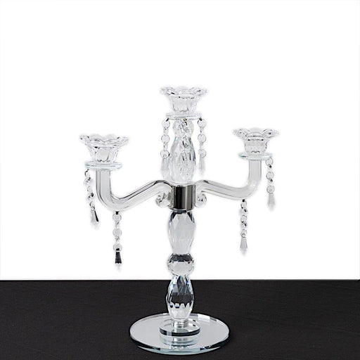 14" tall 3 Arm Crystal Glass Candelabra Taper Candle Holder with Hanging Prisms - Clear CHDLR_GLAS_042_3_CLR