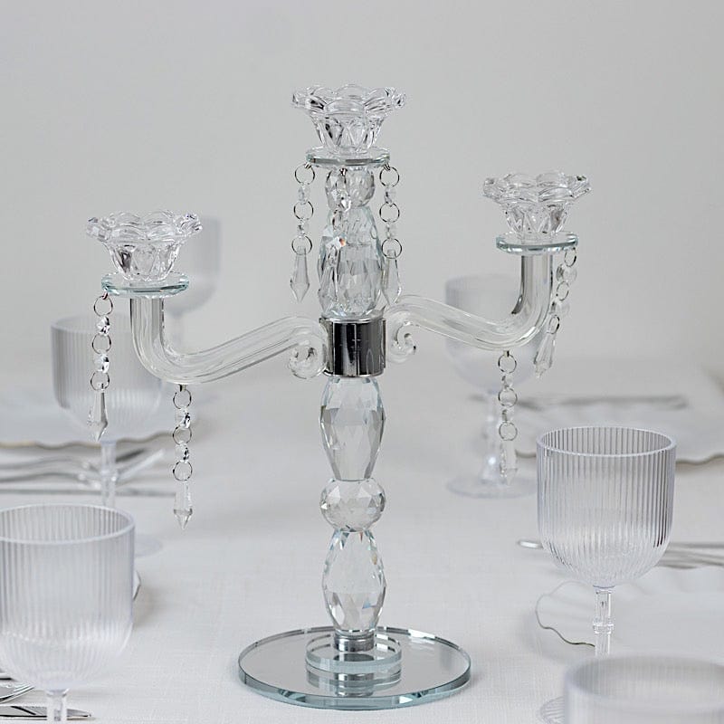 14" tall 3 Arm Crystal Glass Candelabra Taper Candle Holder with Hanging Prisms - Clear CHDLR_GLAS_042_3_CLR