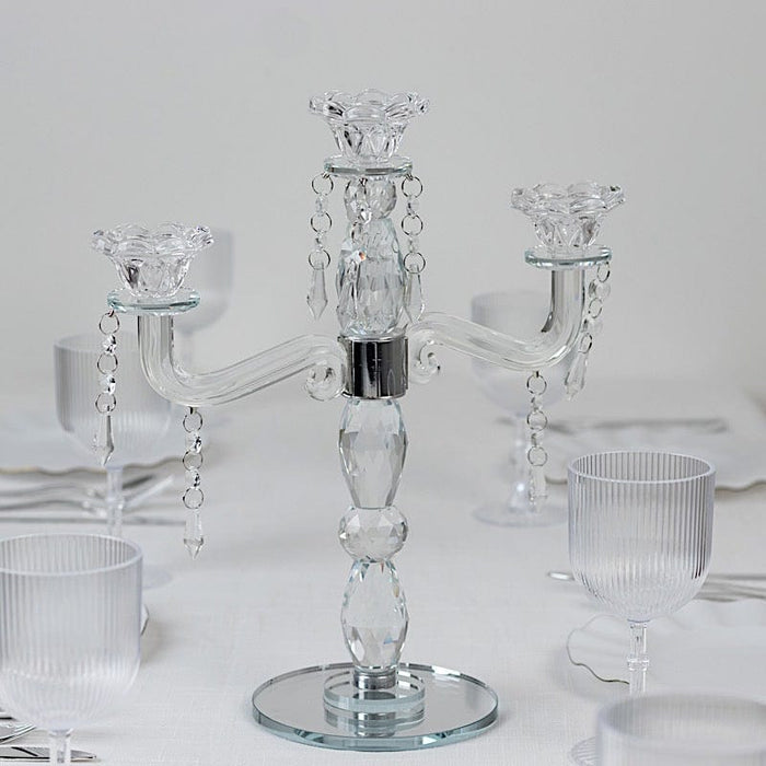 14" tall 3 Arm Crystal Glass Candelabra Taper Candle Holder with Hanging Prisms - Clear CHDLR_GLAS_042_3_CLR