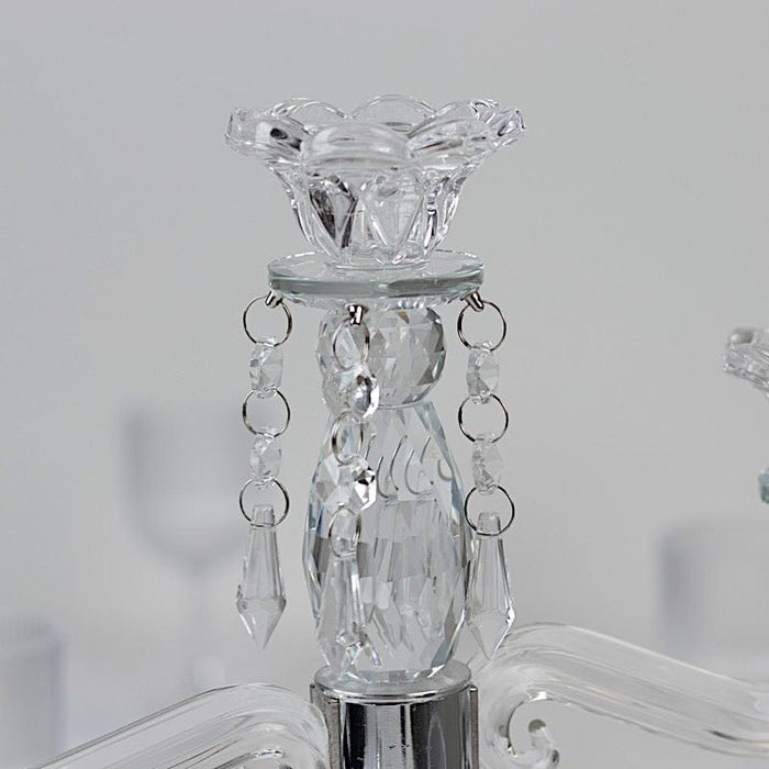 14" tall 3 Arm Crystal Glass Candelabra Taper Candle Holder with Hanging Prisms - Clear CHDLR_GLAS_042_3_CLR