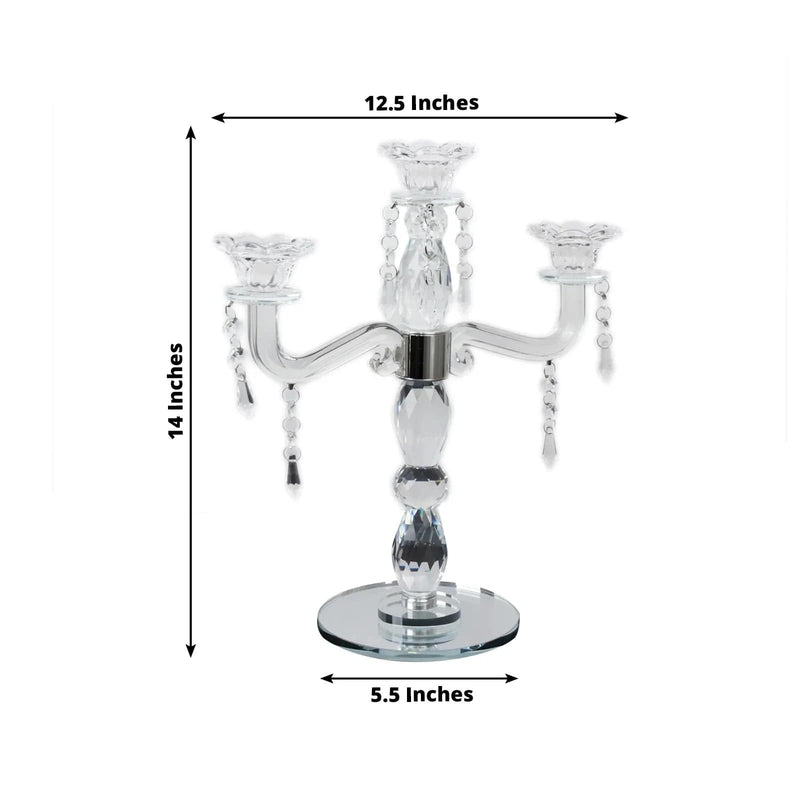 14" tall 3 Arm Crystal Glass Candelabra Taper Candle Holder with Hanging Prisms - Clear CHDLR_GLAS_042_3_CLR