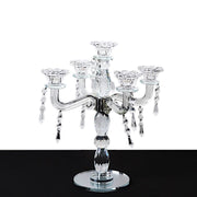 14" tall 5 Arm Crystal Glass Candelabra Taper Candle Holder with Hanging Prisms - Clear CHDLR_GLAS_042_5_CLR