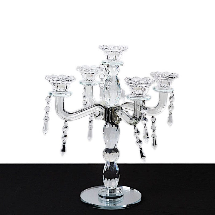 14" tall 5 Arm Crystal Glass Candelabra Taper Candle Holder with Hanging Prisms - Clear CHDLR_GLAS_042_5_CLR