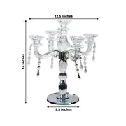 14" tall 5 Arm Crystal Glass Candelabra Taper Candle Holder with Hanging Prisms - Clear CHDLR_GLAS_042_5_CLR