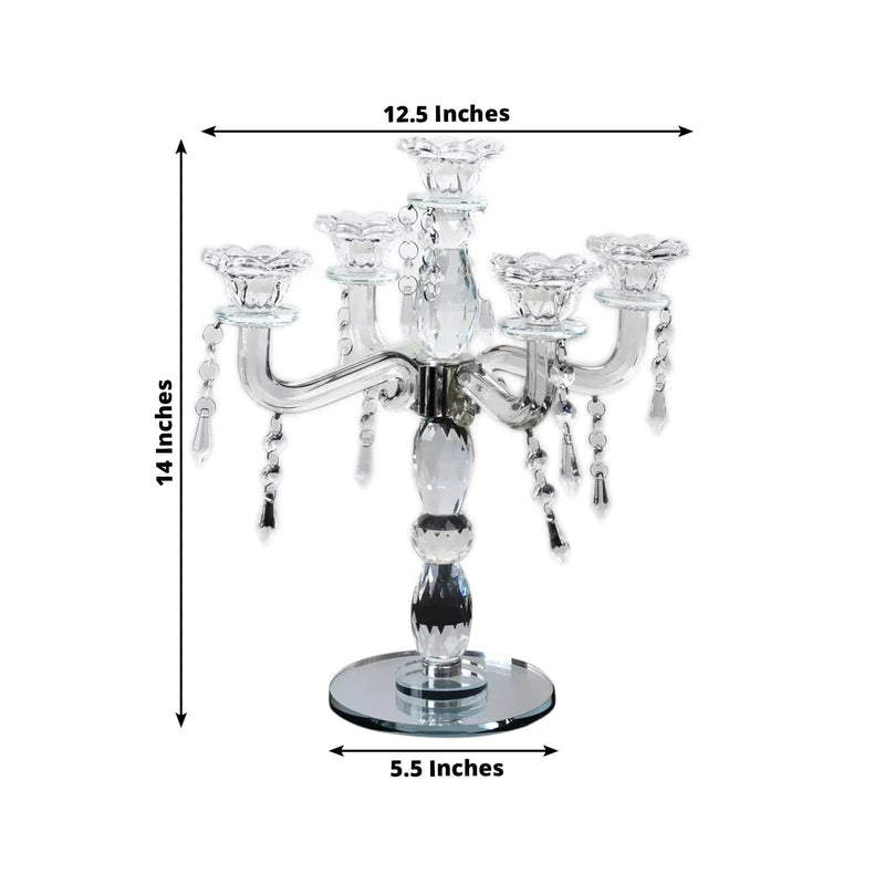 14" tall 5 Arm Crystal Glass Candelabra Taper Candle Holder with Hanging Prisms - Clear CHDLR_GLAS_042_5_CLR