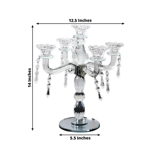 14" tall 5 Arm Crystal Glass Candelabra Taper Candle Holder with Hanging Prisms - Clear CHDLR_GLAS_042_5_CLR