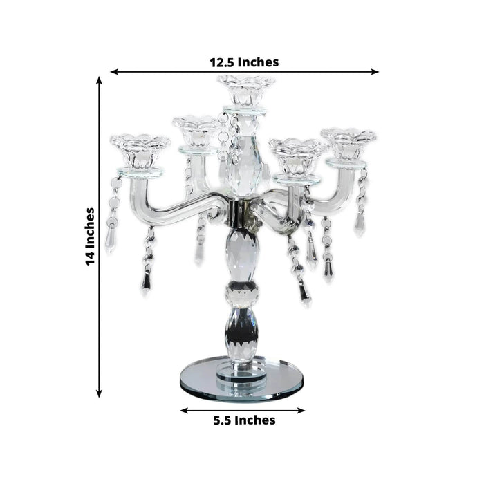 14" tall 5 Arm Crystal Glass Candelabra Taper Candle Holder with Hanging Prisms - Clear CHDLR_GLAS_042_5_CLR