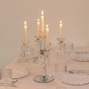 14" tall 5 Arm Crystal Glass Candelabra Taper Candle Holder with Hanging Prisms - Clear CHDLR_GLAS_042_5_CLR