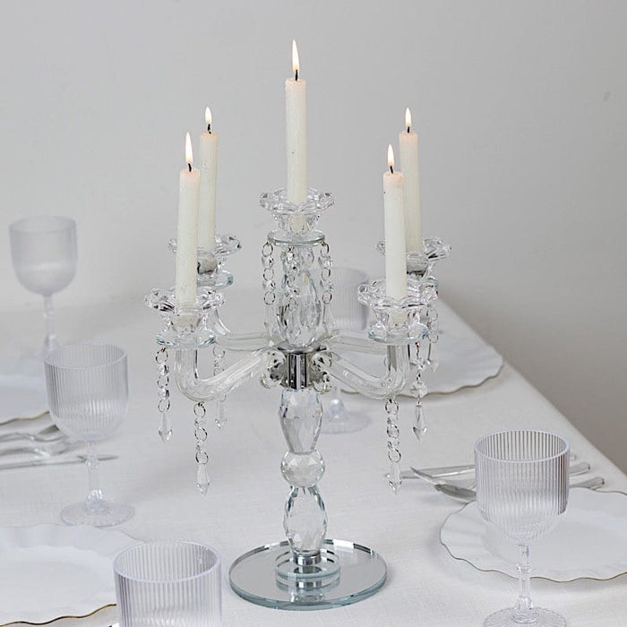 14" tall 5 Arm Crystal Glass Candelabra Taper Candle Holder with Hanging Prisms - Clear CHDLR_GLAS_042_5_CLR