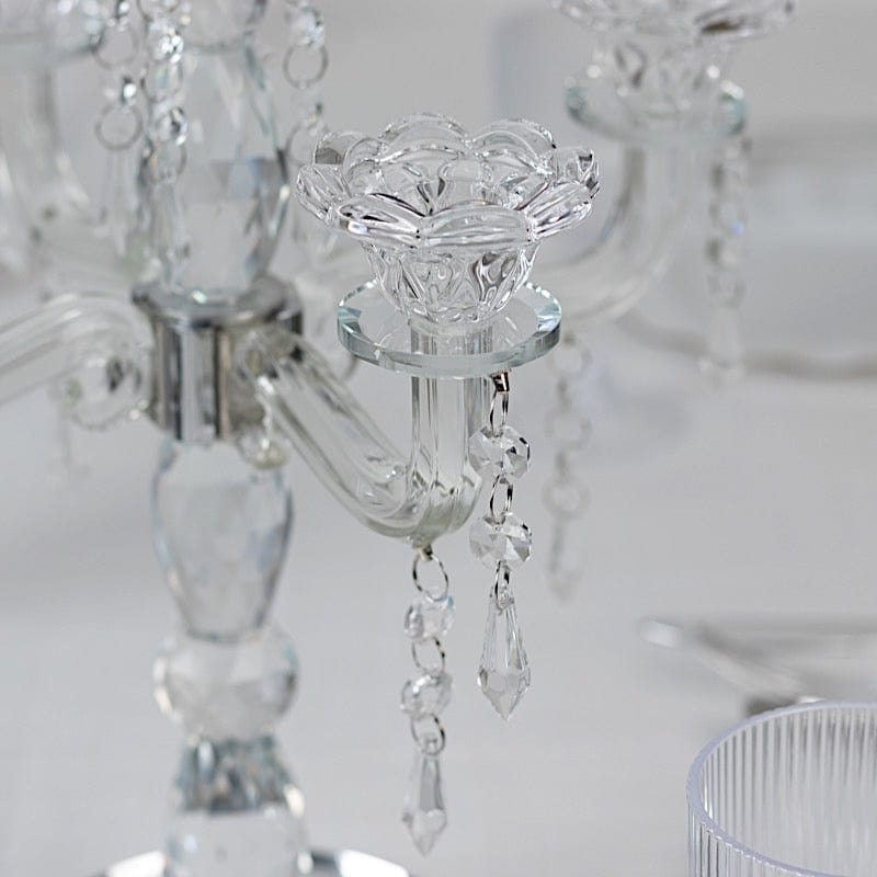 14" tall 5 Arm Crystal Glass Candelabra Taper Candle Holder with Hanging Prisms - Clear CHDLR_GLAS_042_5_CLR