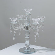 14" tall 5 Arm Crystal Glass Candelabra Taper Candle Holder with Hanging Prisms - Clear CHDLR_GLAS_042_5_CLR