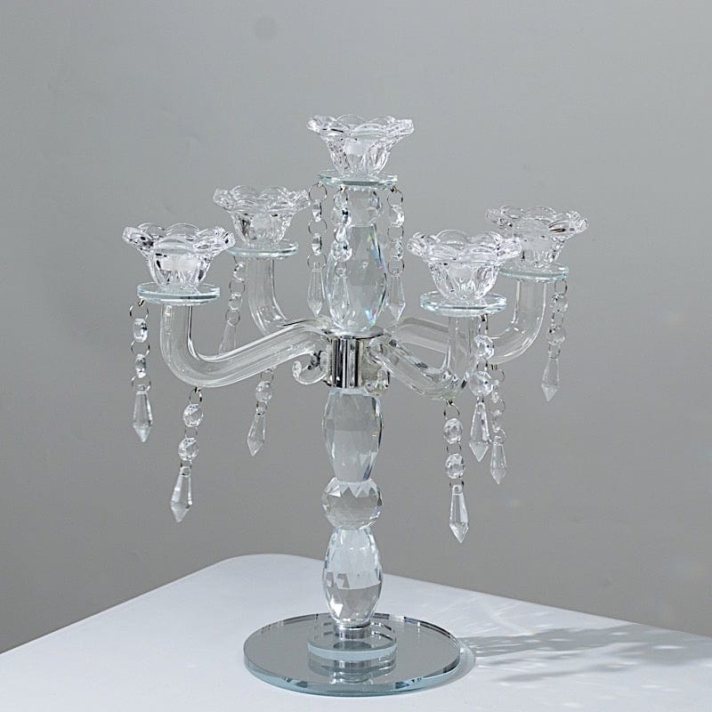 14" tall 5 Arm Crystal Glass Candelabra Taper Candle Holder with Hanging Prisms - Clear CHDLR_GLAS_042_5_CLR