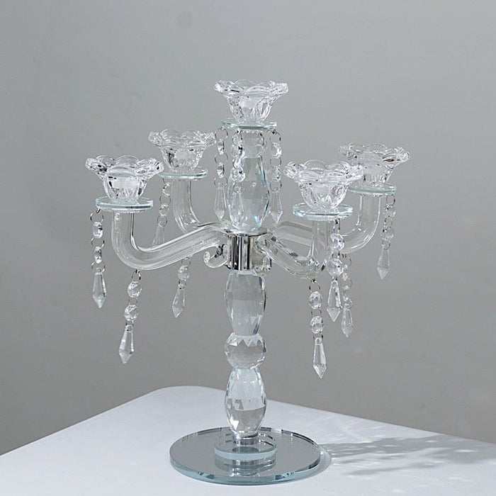 14" tall 5 Arm Crystal Glass Candelabra Taper Candle Holder with Hanging Prisms - Clear CHDLR_GLAS_042_5_CLR