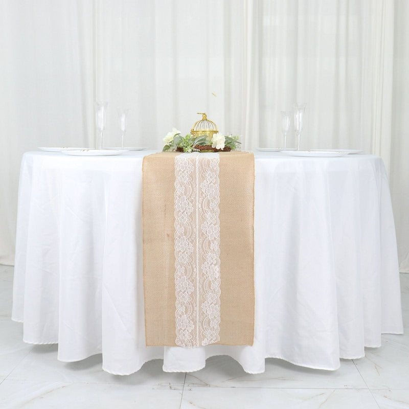 14" x 106" Burlap with Lace Table Runner - White and Natural RUN_JUTE_LACE01_NAT