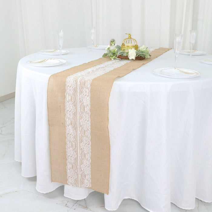 14" x 106" Burlap with Lace Table Runner - White and Natural RUN_JUTE_LACE01_NAT