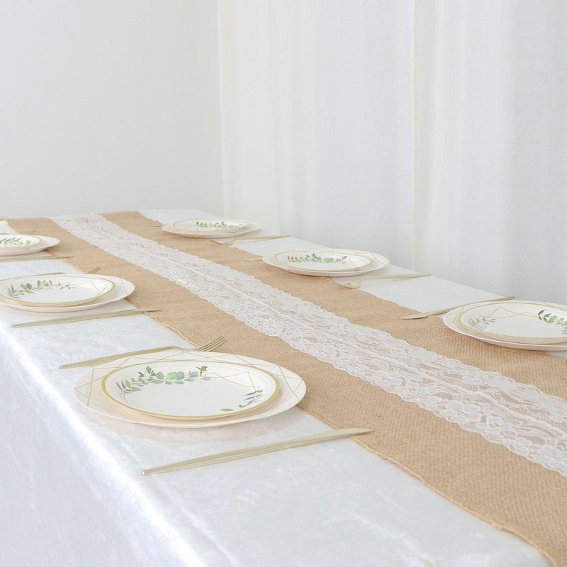 14" x 106" Burlap with Lace Table Runner - White and Natural RUN_JUTE_LACE01_NAT